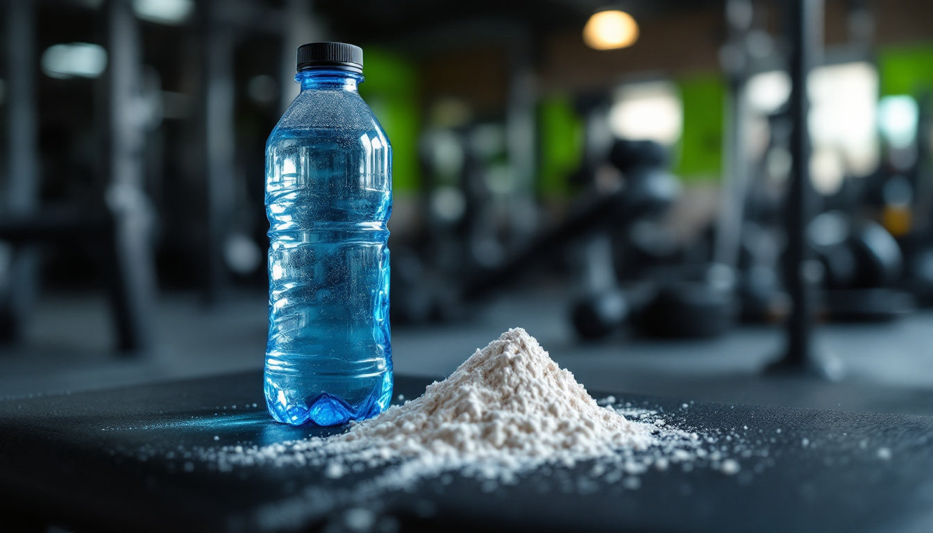 creatine powder and water bottle at gym